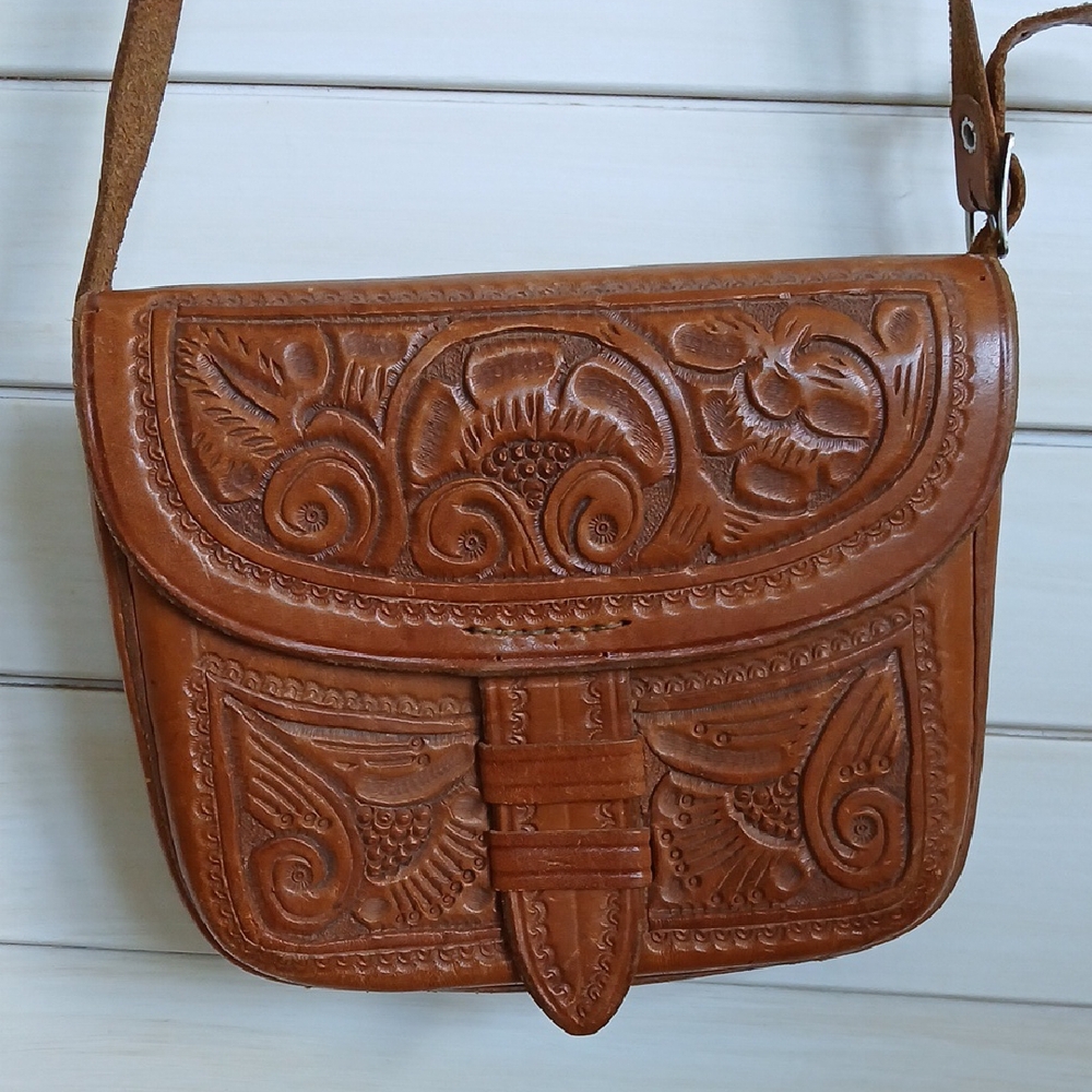 Vintage Tooled Brown Leather Crossbody Shoulder Bag Western Boho - Picture 2 of 16